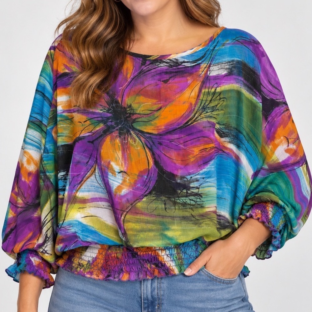 Sushiflower Women Floral Dolman Sleeve Blouse Balloon Sleeve Artsy Boho Top 90s